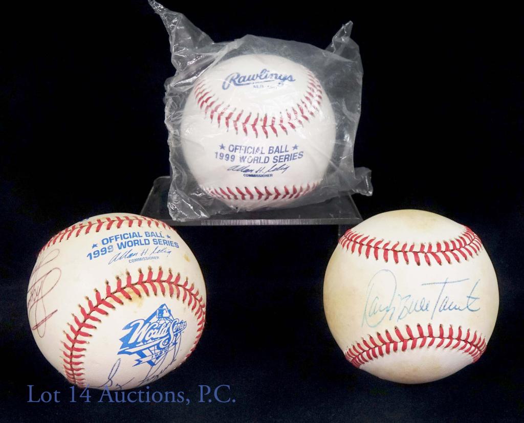 Baseballs (3) - 2 Signed (4 Sigs-1 HOF): Includes: Sealed 1999 official World Series ball. Signed 1999 official World Series ball. Signatures: Minnie Minoso, Greg Luzinski, and one other unknown player. Ball shows some spots of discoloration