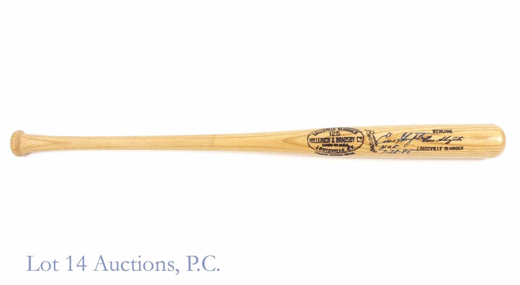Enos Slaughter Signed Baseball Bat: Enos Slaughter signed Louisville Slugger Enos Slaughter Signature model baseball bat. Embossed "M110" on knob and inscribed "HOF 7-28-85" below the autograph. Measures at 34-1/4" long. *** Lot 14 make