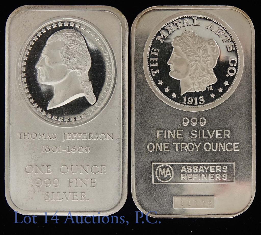Madison & Metal Arts Art Fine Silver Bars (2): The Metal Arts Co. one ounce fine silver bar. 1 troy ounce of 0.999 fine silver. *****Madison Mint one ounce fine silver bar featuring Thomas Jefferson from the presidential cameo series. 1 troy ounce