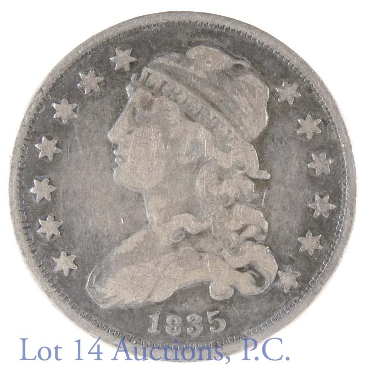 1835 Capped Bust Quarter: 1835 Capped Bust quarter. 89.2% silver. PCGS estimates 5250 coins remaining in all grades.