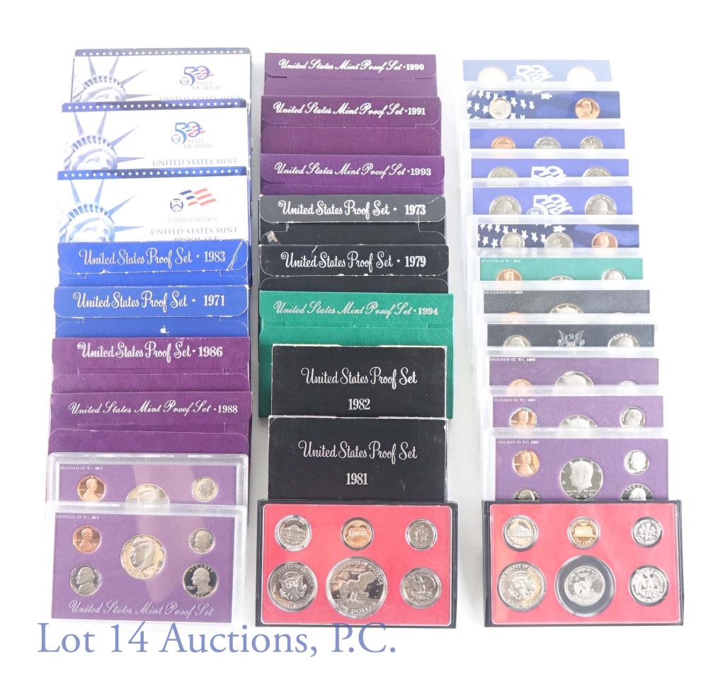 United States Proof Sets (15): United States proof sets: 1971, 1973, 1979, 1981, 1982, 1983, 1986, 1988, 1990, 1991, 1993, 1994, 1999 (9 coins), 2002 (10 coins), 2005 (11 coins). The sets from 1986 - 2005 (inclusive) have COAs.