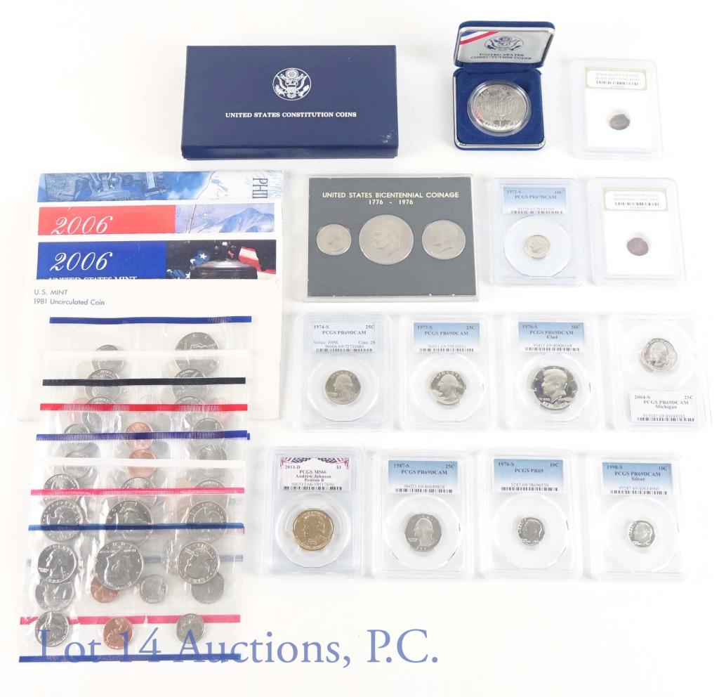 Mint Sets, PCGS Graded Coins & Silver Comm Dollar: 1987 Constitution commemorative dollar. 90% silver. Comes in original US Mint snap box and outer box with COA. ***** 1981 (P & D), 1999 (P), and 2006 (P & D) United States uncirculated mint sets - all