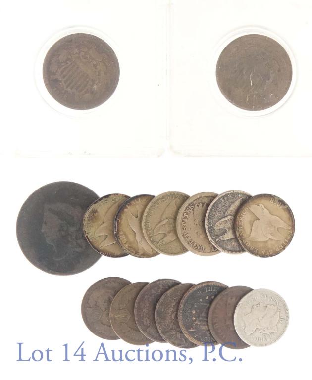 Small Cents (1 Large Cent) - 1870s IH Cents: 181? large cent ***** 1864 & 1865 2-cent coins ***** 1866 3-cent coin ***** 1857 (1) & 1858 (4) Flying Eagle cents ****** 1864 Indian Head cent [Cu-Ni] ****** (x2) 1873 Indian Head cents (one is in ve