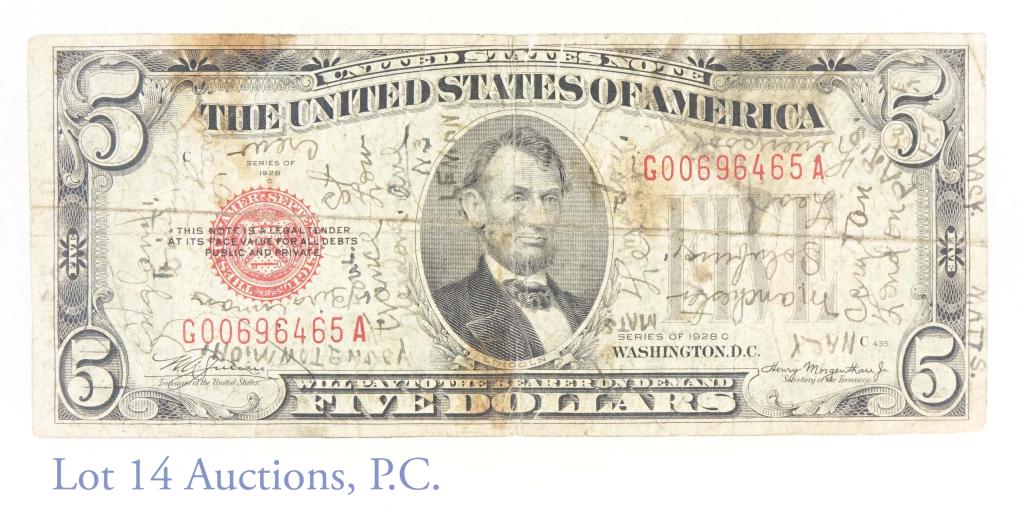 $5 Red Seal Short Snorter (D-Day?): Series if 1928C United States $5 bank note with red seal. This note has a lot of writing all over the obverse and reverse which appears to show the travels of a soldier in the United States and Europe