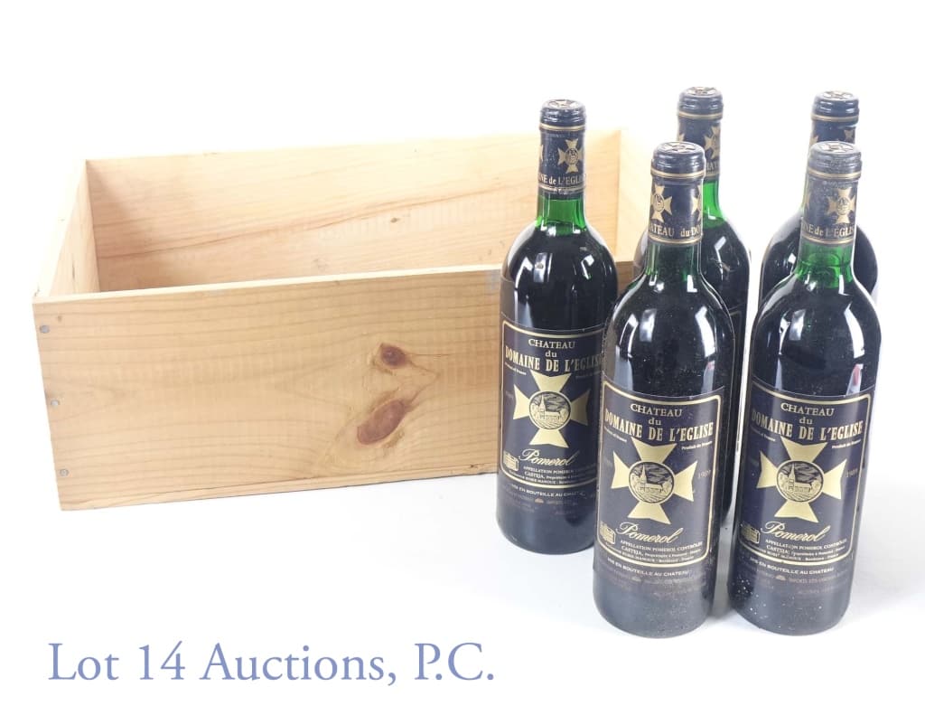 Domaine de L'Eglise 1989 Pomerol Red Wine (5): 5 bottles of Domaine de L'Eglise 1989 Pomerol red Bordeaux wine. 13% ABV. 750 ml. In original crate (crate was for 12 bottles, but only 5 remain) missing lid.