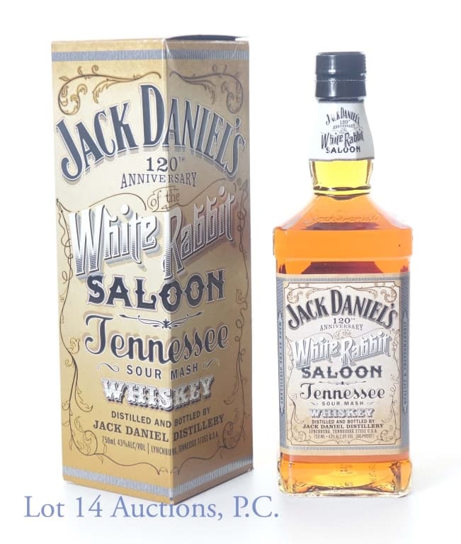 Jack Daniel's White Rabbit 120 Whiskey: Jack Daniel's Tennessee sour mash whiskey - 120th anniversary of the White Rabbit Saloon limited edition. 86 proof. 750 ml. Bottle No. DF 9620. Original box.