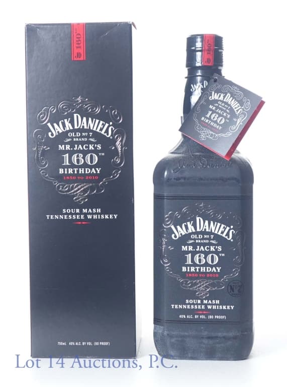 Jack Daniel's Whiskey - Mr. Jack's 160th Birthday: Jack Daniel's sour mash Tennessee whiskey - Mr. Jack's 160th Birthday limited edition. 80 proof. 750 ml. Neck tag present with bottle No. 255985 A. Original box.