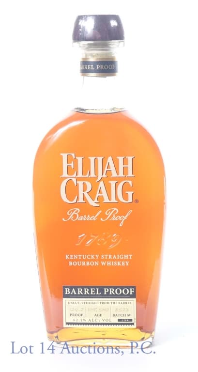 Elijah Craig Brl Prf Bourbon - 11 Year Batch B523: Elijah Craig Kentucky straight bourbon whiskey - Barrel proof - Batch B523. 11 years, 5 months. 124.2 proof. 750 ml. Etch: A12231648 and 17 2 0 7 1356 11.