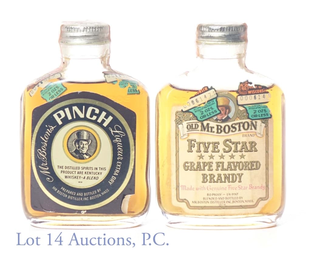 Mr Boston Pinch Whiskey & Old Mr Boston Brandy: Mr. Boston extra dry pinch liqueur blended Kentucky whiskey. 80 proof. 1/4 pint. Series 111 tax strip (1944 - 1960). ***** Old Mr. Boston Five Star grape flavored brandy. 80 proof. 1/4 pint. Series 11