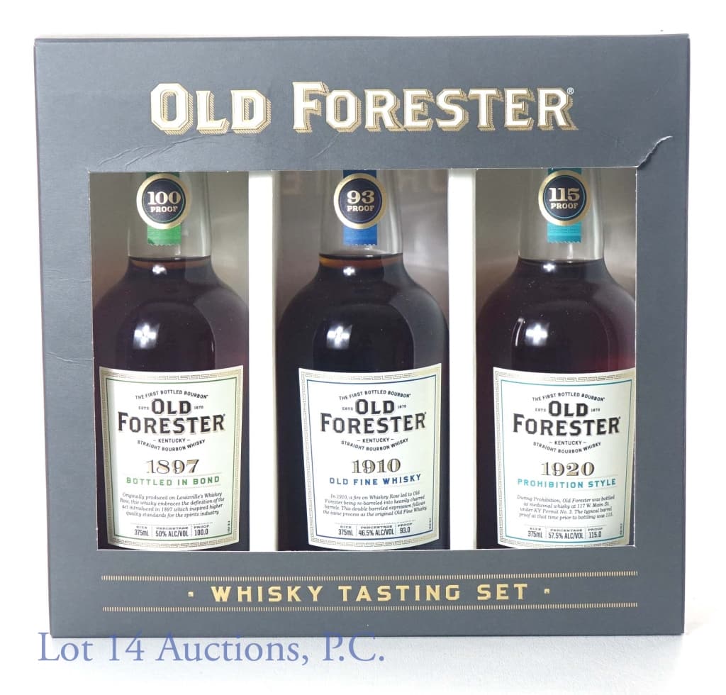 Old Forester 1897 - 1910 - 1920 Whisky Tasting Set: Old Forester Kentucky straight bourbon whiskey 3-bottle whisky tasting set. Each bottle is 375 ml.: 1897 Bottled in bond (100 proof) *** 1910 Old Fine Whisky (93 proof) *** 1920 Prohibition Style (115