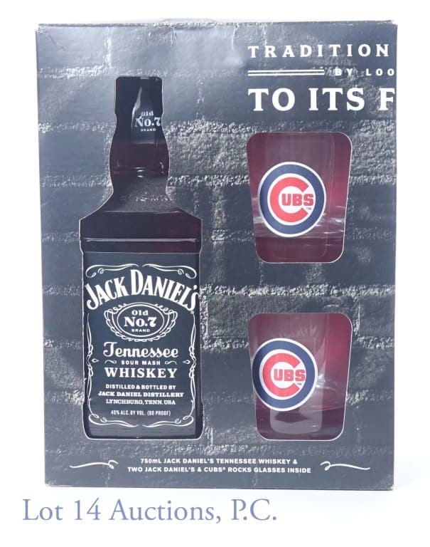 Jack Daniel's Whiskey & Chicago Cubs Rocks Glasses: 2015 Jack Daniel's Old No. 7 Tennessee sour mash whiskey. 80 proof. 750 ml. In box set with 2 Chicago Cubs / Jack Daniels branded rocks glasses.