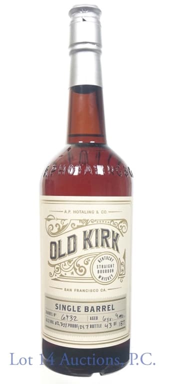 Old Kirk Single Barrel Bourbon (Bot 43 / 187): Old Kirk single barrel Kentucky straight bourbon whiskey. 6 years, 9 months. 124.7 proof. 750 ml. Barrel No. 6932. Bottle # 43 / 187.