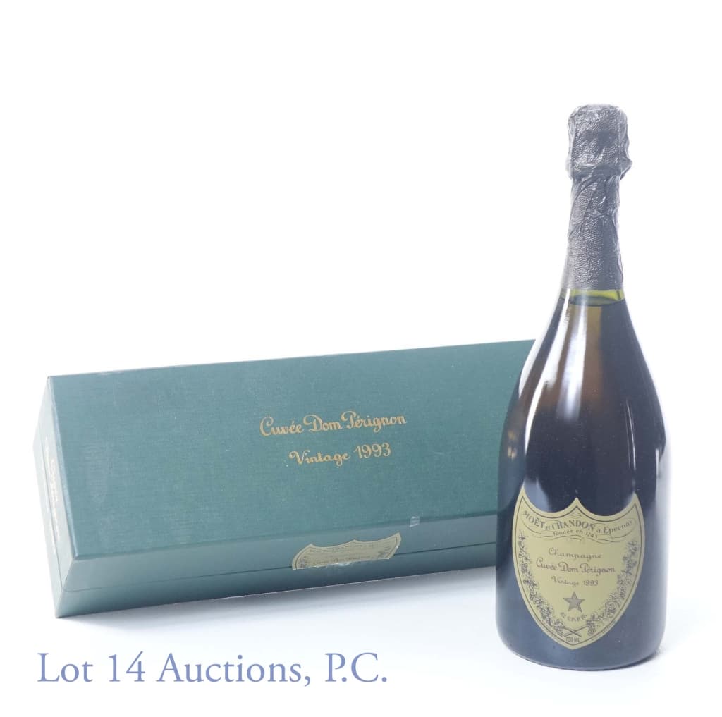 1993 Dom Perignon Champagne: 1993 Cuvee Dom Perignon champagne. 12.5% ABV. 750 ml. Original (rougher condition) box.