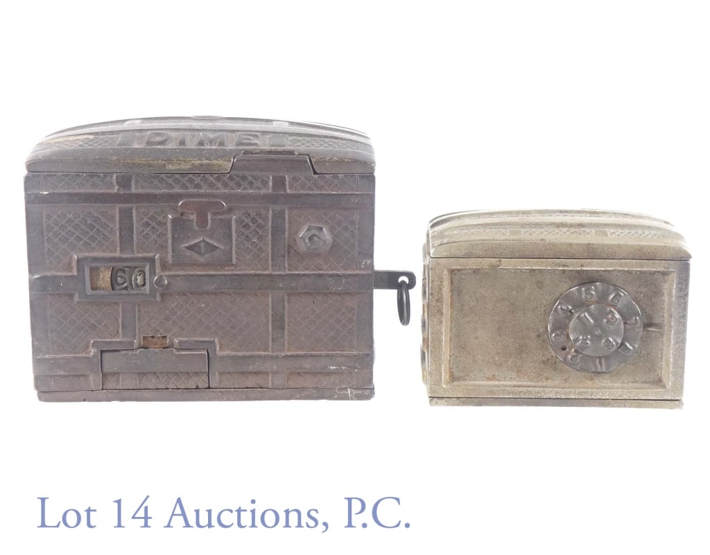 Antique Treasure Chest Designed Coin Banks (2): Antique cast iron registering dime bank. Bank is approximately 4.5" x 2.75" x 3.25". Antique silver colored metal treasure chest style coin bank with two dials. Dials turn easily but we were unable to