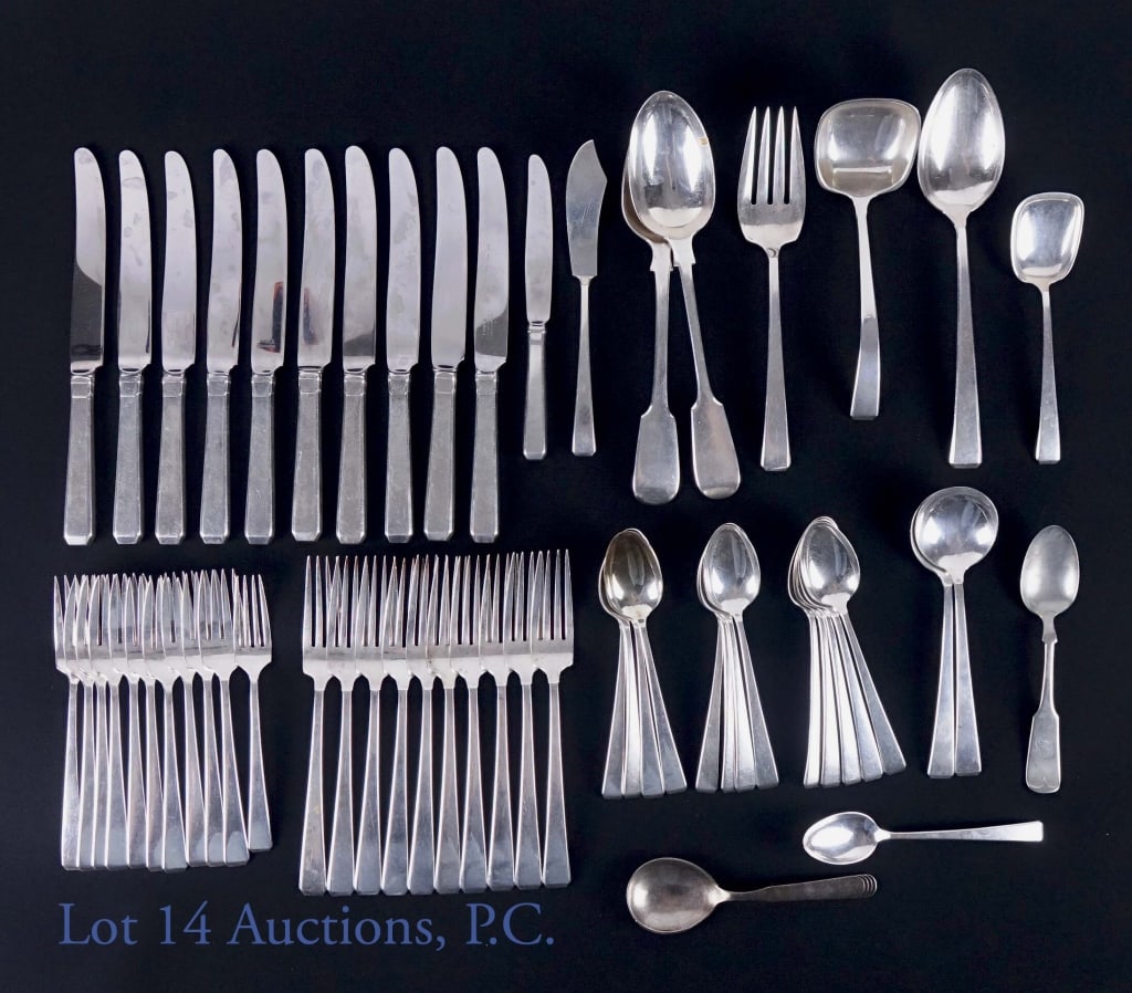 Sterling Silver Flatware Set & Serving Pieces: 10 forks (488g), 10 cake forks (380g), 13 teaspoons (326g [corrected]), 12 serving spoons, fork and butter/fish knife, including 1 Hans Hansen spoon (564g). Total sterling (NOT incl knives): 1,758 [co