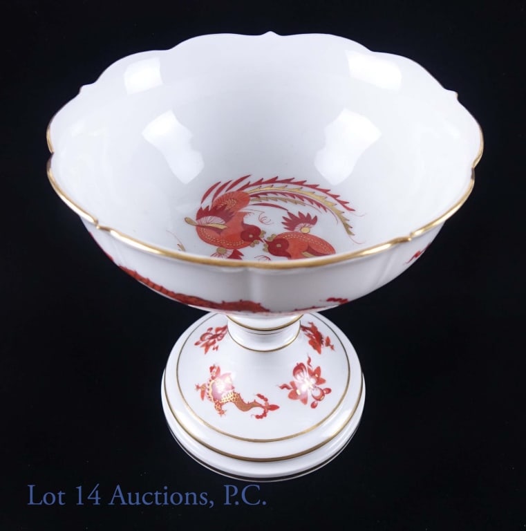 Meissen 2 Red Dragon Footed Compote Bowl: Meissen Porcelain compote bowl with 2 red and gold dragons. "26" painted on bottom. 5.8" outer diameter at top rim, 3.9" outer diameter at bottom of base, 6.1" high.