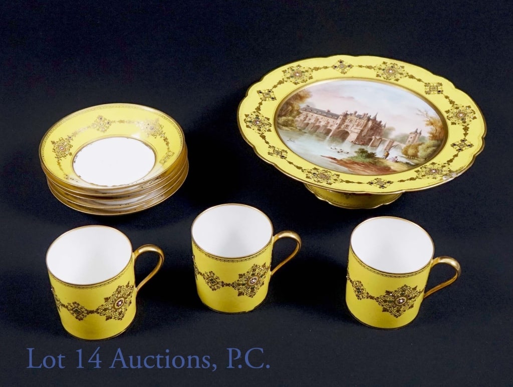 Sevres France Chateau De Tuileries Assortment: One cake plate, 5 shallow bowls and 3 cups. All are marked "Chateau Des Tuileries", "S.37", and "Sevres 1844". Cake plate - Chateau de Chenonceaux (loire Valley), "S.37", "Sevres 1844". Hand-painted b