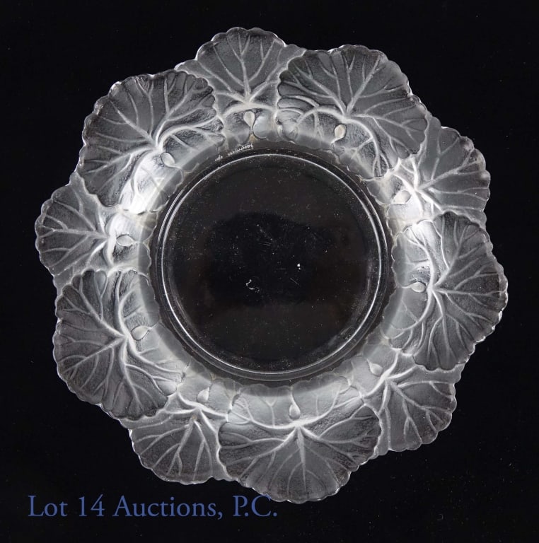 Lalique Honfleurs Molded & Frosted Glass Dish: Lalique Honfleurs molded and frosted glass dish. Signed Lalique, France on bottom. 6" (15.25 cm) diameter.