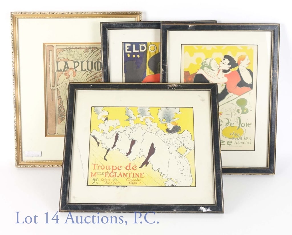 Colorful Framed French Prints (4): 1 El Dorado Aristide Bruant by Toulouse-Lautrec Print. 15.75" x 12.25"; 1 La Troupe de Mademoiselle Eglantine by Toulouse-Lautrec Print. 12.25" x 15.25"; 1 Reine de Joie by Toulouse-Lautrec Print. 15.