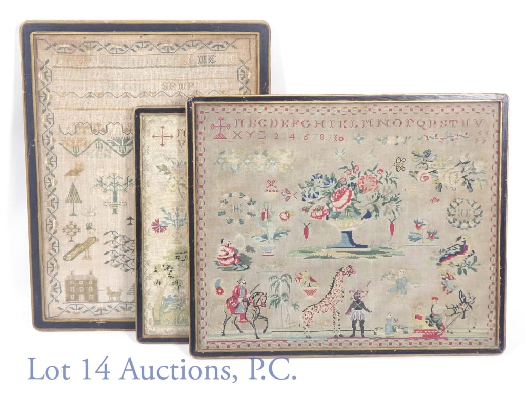 English Needlework / Needlepoint Samplers (3): Three late 18th century or early 19th century English needlepoint or needlework samplers. Featuring a giraffe, sled / sleigh, angel, hunter or soldier on horseback, fox-hunting scene, peacocks and mor