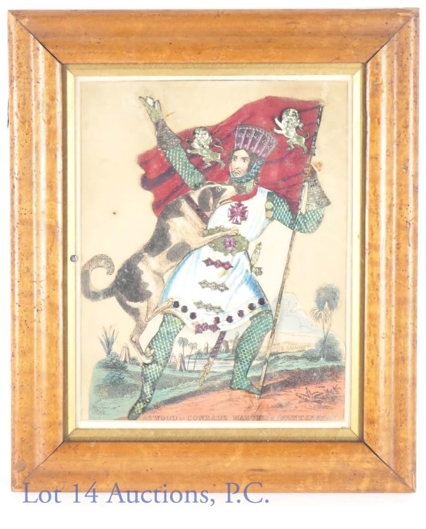 Old Tinsel Picture Mr. Wood: Old Tinsel Picture Mr. Wood as Contrade Marquis of Montserrat. Within a 12.5" x 10.5" wooden frame.