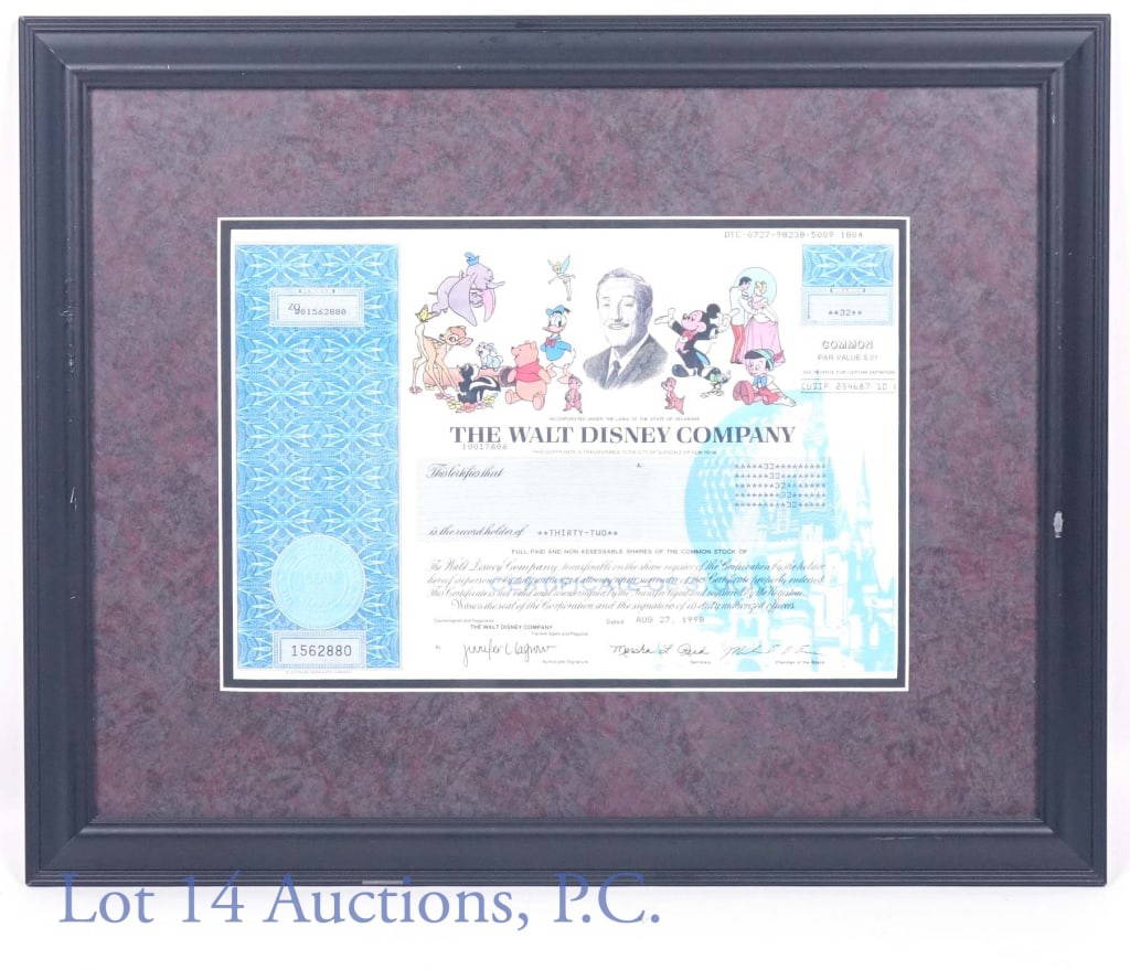 Walt Disney Stock Certificate (framed) Auction Walt Disney Stock Certificate (framed) Auction