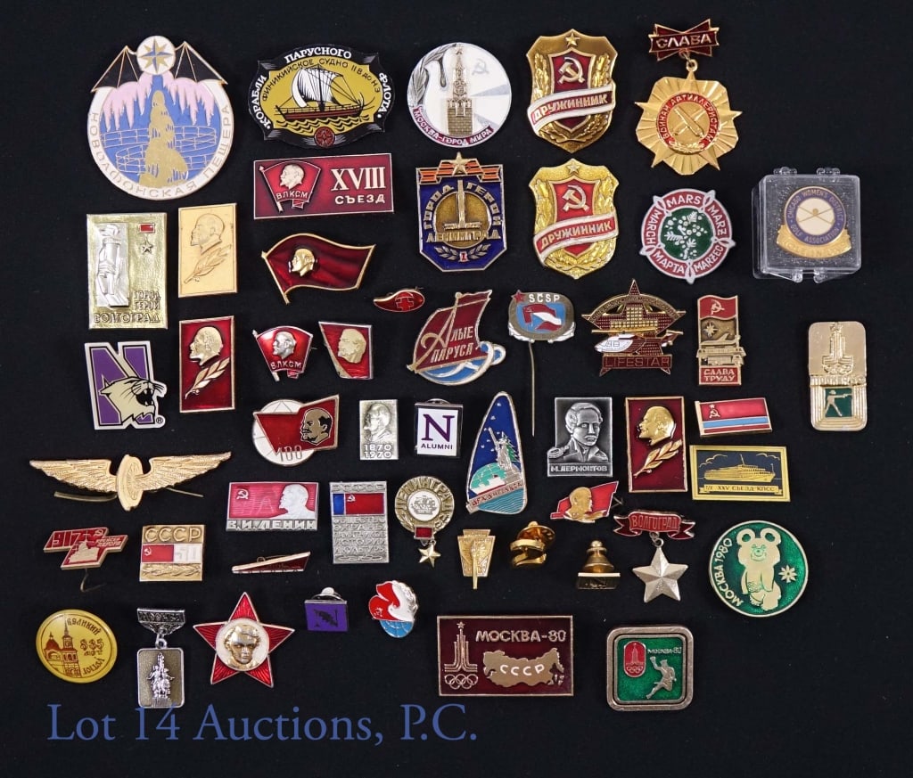 USSR & Olympics Pin Collection (50): 50 collectible pins - mostly from the USSR - 4 of these are pins commemorating the 1980 Moscow Olympics. 5 of these pins are not from the Soviet Union.