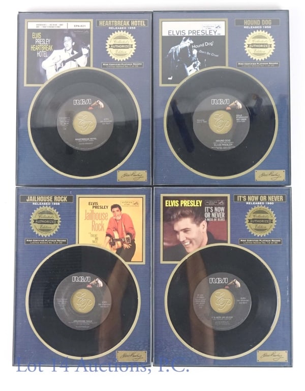 Collectors Elvis Presley Ltd Ed 45 Records (4): 4 framed Elvis Presley limited edition authorized collectors edition 45 records. According to the stamp, these are authentic 45 records. Heartbreak Hotel (#7 of 90) *** Hound Dog (#1 of 90) *** Jailho