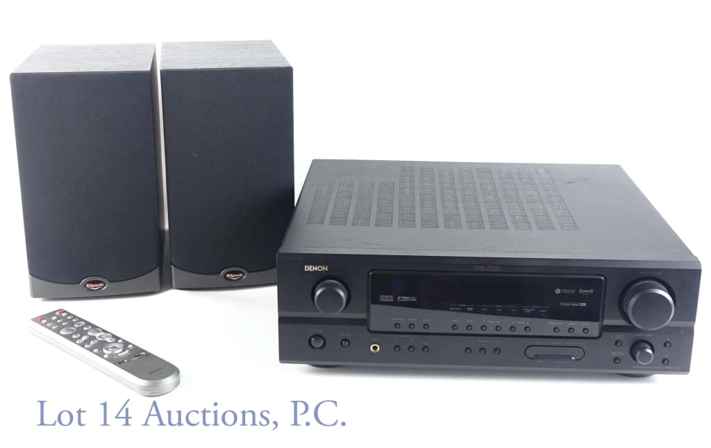 Denon Receiver and Klipsch Bookshelf Speakers: Denon AV Surround Receiver AVR 1507 with remote, 14.75" x 17" x 5"; Klipsch IV RB51BK Bookshelf speakers, 10.5" x 6.5" 11.25".