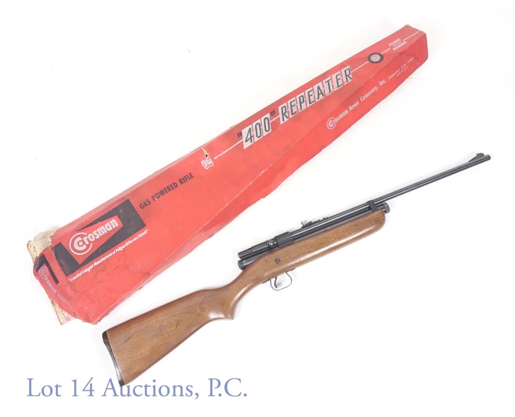 Crosman "400" 22 Cal. Repeater CO2 Pellet Rifle: 1957-62 (UPDATED 8/29) (Patent Pending) Crosman "400" repeater NOTE: Cracked butt plate. CO2 magazine repeater rifle. With original (rough condition) box. Wood stock. Some rust on barrel near CO2 cham