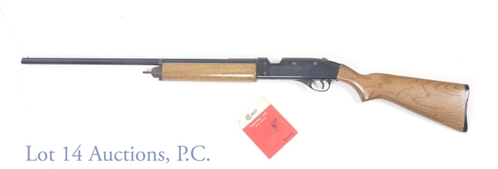 Crosman Trap Master 1100 CO2 "Shotgun": Crosman Trap Master 1100 CO2 powered shotgun. S/N 009093. Includes instruction manual. See photos for condition - some laminate chipped at butt of stock and some spots and screw heads with light rust.
