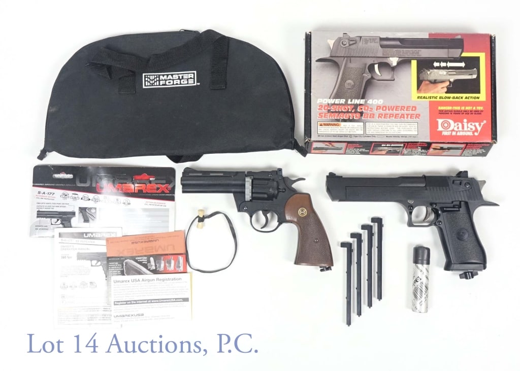 Crosman and Daisy Airguns (2): Daisy Powerline 400 20 shot CO2 powered semi-auto BB repeater. With box and 4 magazines. Crosman "357" style pellet gun - catch spring does not engage catch when closed.