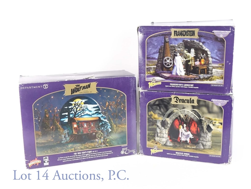 Dept 56 Monsters (Dracula Frankenstein Wolf Man): (3) Department 56 Universal Monsters porcelain buildings: "Dracula's Domain". Battery pack works - never came with nor does it have AC adapter. Comes in original foam and box (box is in rougher condit