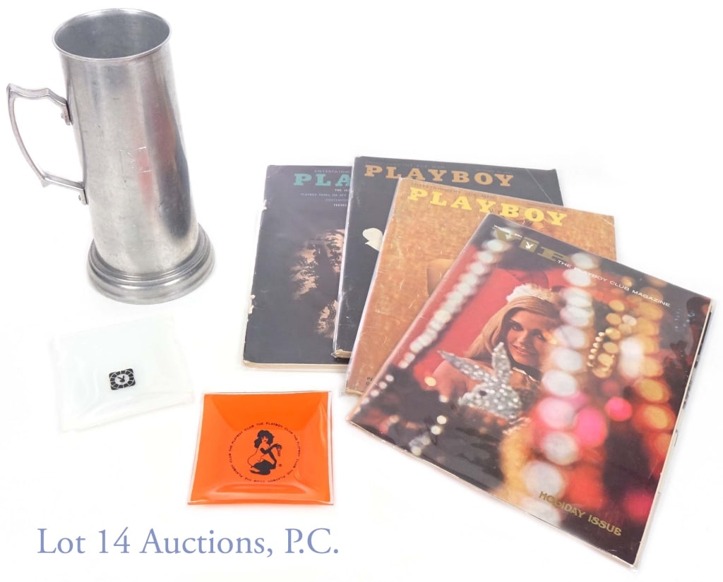 1960s Playboy Collectibles: Glass Playboy Club ashtray - orange (3.75" (9.5 cm) square) *** Glass Playboy logo ashtray - white (3.75" (9.5 cm) square). One corner is chipped. *** Clear bottomed tankard with Playboy logo - 8-7/8"