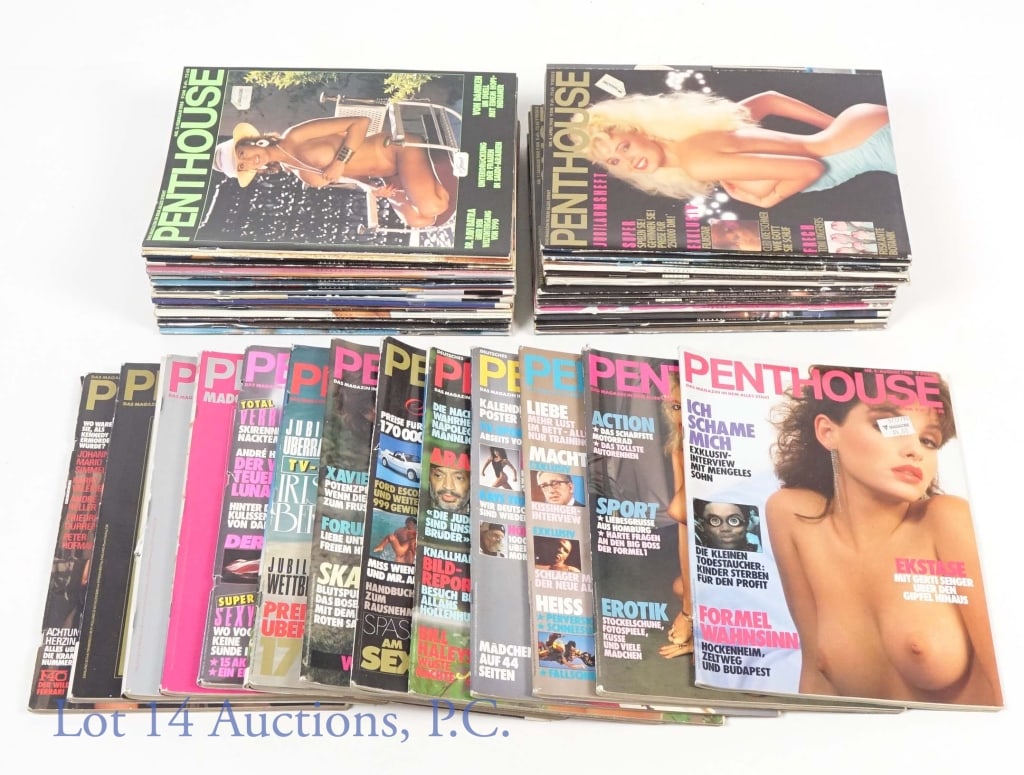 1980s - 1990s German Penthouse Magazine (40+1): Issues of German Penthouse Magazine. Condition varies. 31 pounds (14.5 kg): 1986: Jan, Feb, Apr, Jun, Aug, Okt, Dez. 1987: Apr, Mai, Sep, Okt, Nov. 1988: Jan, Feb, Apr, Jun, Jul, Aug, Sep, Okt, Nov. 1