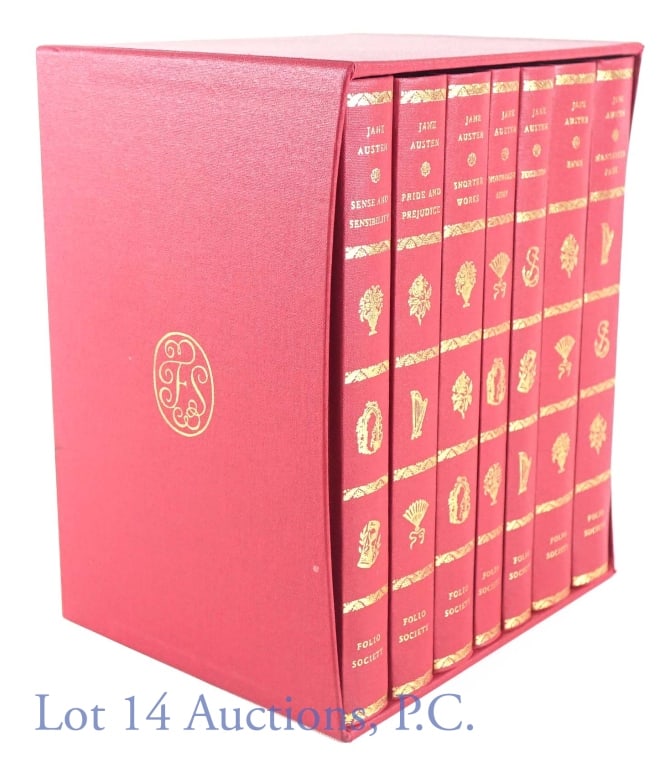 Boxed Set of 7 Jane Austen Volumes Folio Society: Boxed set of seven (7) Jane Austen volumes featuring her novels and shorter works from the Folio Society in 1989. Crisp and clean, in like-new condition. Works include: Pride and Prejudice, Emma, Sens