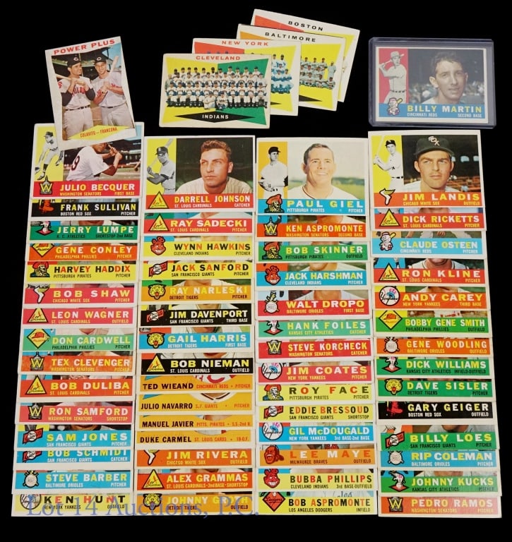 1960 Topps Baseball Cards (62): (62) 1960 Topps baseball cards. NO duplicates. Condition varies, but there are some nice looking cards here. Star cards are lacking but there are cards #174 (series 2 checklist), #332 (series 4 checkl