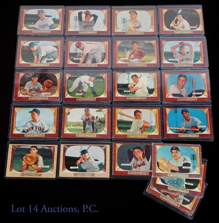1955 Bowman Baseball Cards (21): (21) 1955 Bowman baseball trading cards. NO duplicates. Condition varies. Highlights: #89 (Lou Boudreau - vertical crease on front). Highest number is #203 (Steve Gromek).