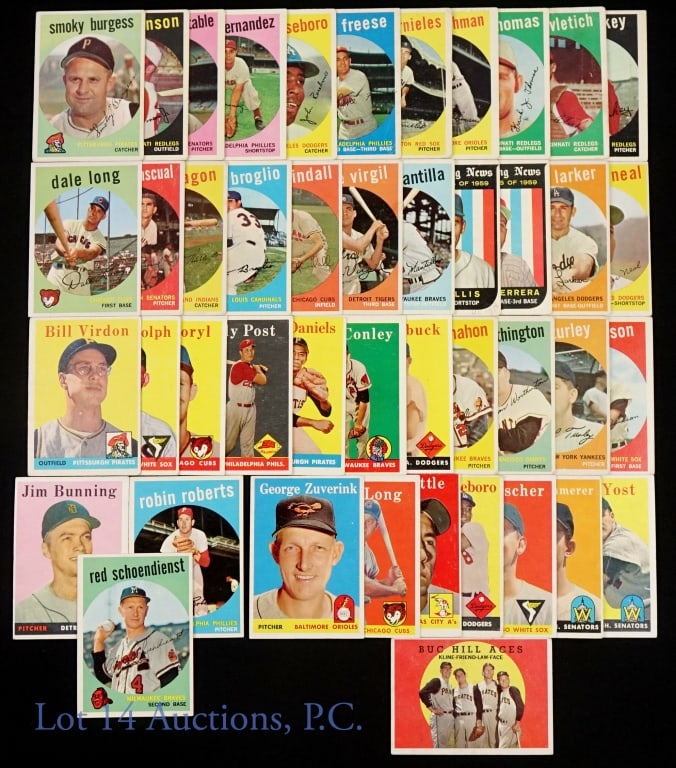 1958 & 1959 Topps Baseball Cards (44): (15) 1958 Topps baseball trading cards. NO duplicates. Condition varies, but overall in better condition. Highlight: #115 (Jim Bunning - busted corners, poor centering). (29) 1959 Topps baseball tradi