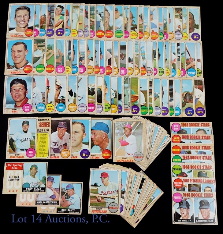 1968 Topps Baseball Cards (133): (133) 1968 Topps baseball trading cards. NO duplicates. Condition varies. Highlights: #87 (Dick Williams) *** #192 (Series 3 checklist - crease on front but clean) *** 350 (Hoyt Wilhelm) *** #366 (Ron