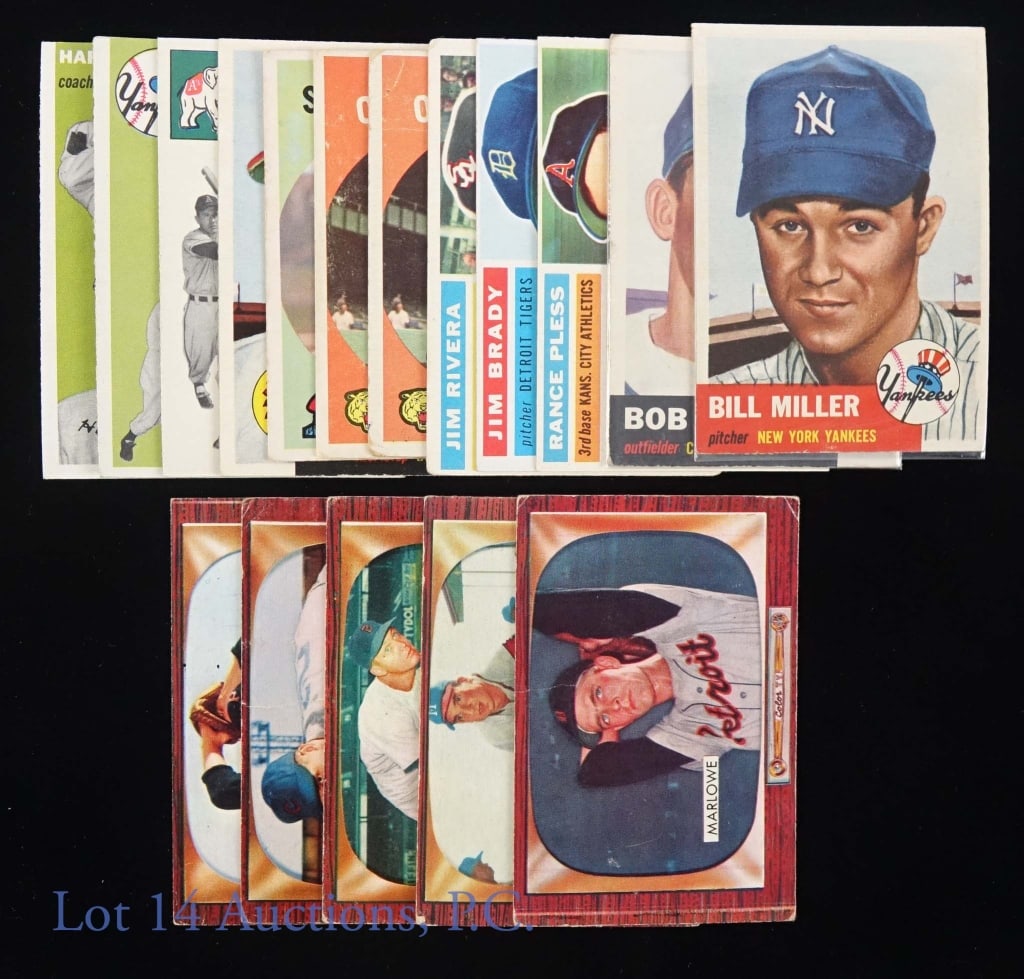 1950s Baseball Cards (17): 1955 Bowman: #91 (Dick Marlowe) ** #102 (Bobby Thomson) ** #150 (Bill Klaus) ** #181 (Eddie Miksis) ** #200 (Dick Littlefield). 1954 Topps: #203 (Harry Brecheen) ** #205 (Johnny Sain) ** #215 (Warren 