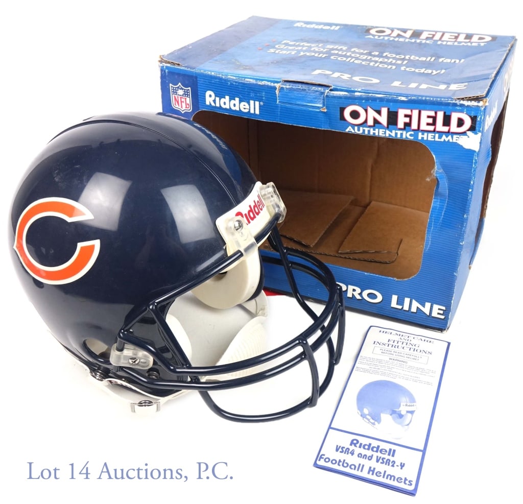 Bears Full Size Riddell Authentic Football Helmet: Chicago Bears Riddell Authentic On Field full size football helmet. Still has the original box as well as the original helmet care and fitting instructions brochure. Helmet tags and chin strap are sti