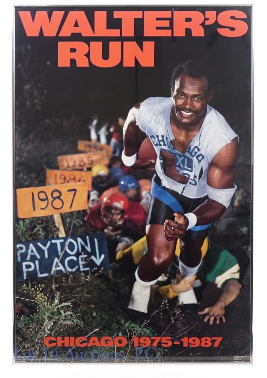 Walter Payton Signed Walters Run Poster LOCAL PU: Full size "Walter's Run" poster framed and signed by Walter Payton. The framed poster measures approximately 24-1/2 inches x 35 inches. Payton signed with a blue ballpoint pen on his right shoulder. T