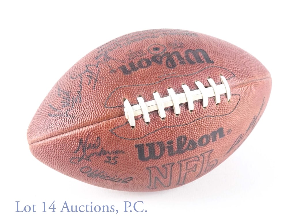 1980s Chicago Bears Signed Football: Wilson National Football League football signed by Mike Ditka, Tom Thayer, Mark Bortz, Mike Tomczak, Kurt Becker, and Neal Anderson. Ditka is in the Hall of Fame, and Thayer, Bortz, and Becker were pa