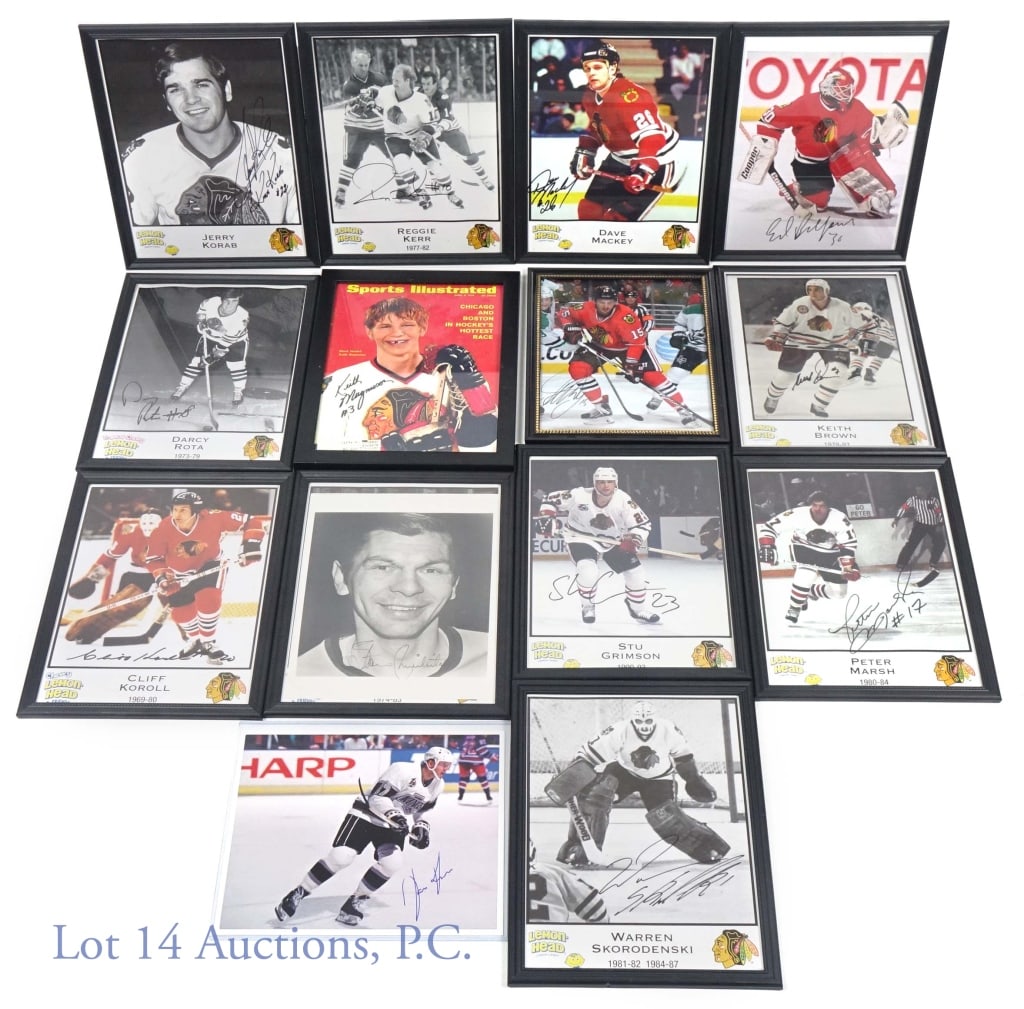 Blackhawks Signed 8x10 Photos (14): All but one of the photos are in frames. Signed photos from Reggie Kerr, Jerry "King Kong" Korab, Warren Skorodenski, Eddie Belfour, Dave Mackey, Stu Grimson, Peter Marsh, Cliff Koroll, Darcy Rota, Ke