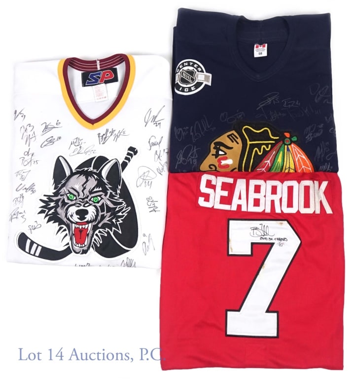 Chicago Blackhawks & Wolves Signed Jerseys (3): Collection of three signed jerseys from your favorite professional Chicago hockey teams. Reebok size 50 signed Brent Seabrook jersey. Seabrook signed with a black Sharpie and added the inscription "20