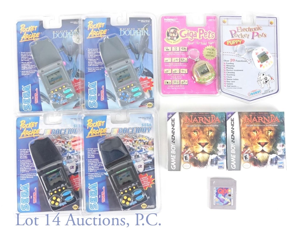 Pocket Arcade & Game Boy Games (8): Lot of 6 pocket arcade and 2 game boy games. Includes: The Chronicles of Narnia for Game Boy Advanced (2), Sega Raceway (2), Ecco the Dolphin (2), Electronic Pocket Pets - Puppy, Giga Pets. All new in