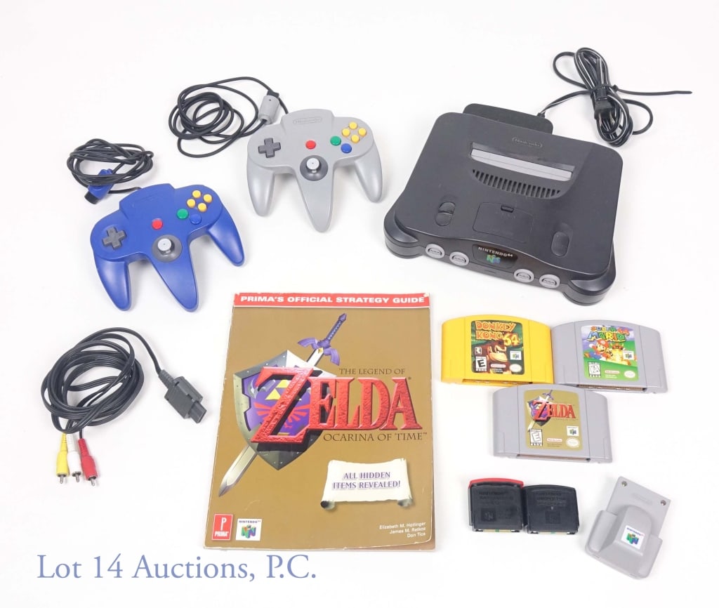 Nintendo 64 With Games, Controllers & Accessories: 1 Nintendo 64 Console, with cords; 2 Nintendo 64 Controllers (Blue and Gray); 3 Nintendo 64 Games including: Super Mario 64, Donkey Kong 64, and The Legend of Zelda Ocarina of Time; 1 The Legend of Ze