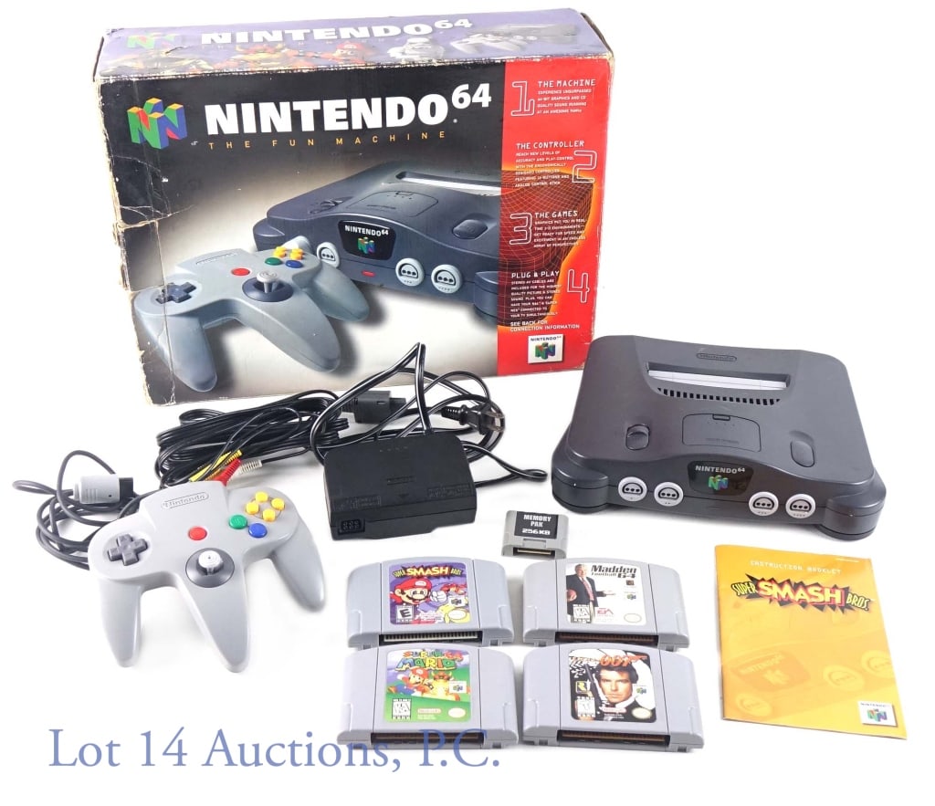 Nintendo 64 Video Game Console + Games: Nintendo 64 game console in box with original controller, power supply, cable. Comes with four games: Super Smash Bros (cartridge and manual) ** Madden 64 Football (cartridge only) ** Super Mario 64 (