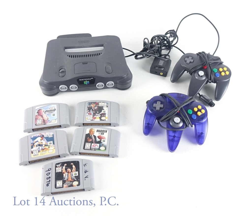 Nintendo 64 Video Game Console (5 Games): Nintendo 64 Video Game Console / System (5 Games + 2 Controllers). System Untested In House. Includes WWF War Zone (N64), All-Star Baseball 2000 (N64), Madden 2000 (N64), Madden 99 (N64) & NHL Breakaw